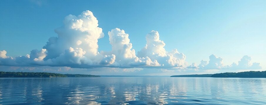 Soft and white clouds gather over St Lawrence seaway, cloudy sky, , lake water