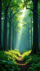 Obraz premium Dense forest with towering trees and dappled shade, arboreal, verdant