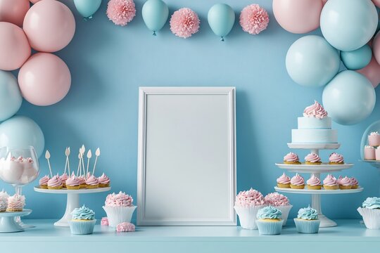 blank white card on blue and white decoration, for baby boy birthday party, cake and balloons