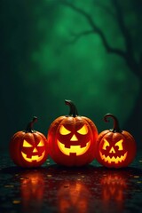 Obraz premium Three jack-o-lanterns in varying hues lighting up a dark background, green, Halloween