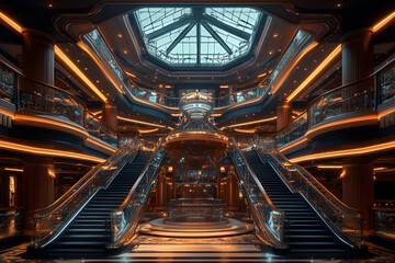 Obraz premium Grand Atrium of Luxurious Cruise Ship, travel tourism architecture, spacious decor chandelier