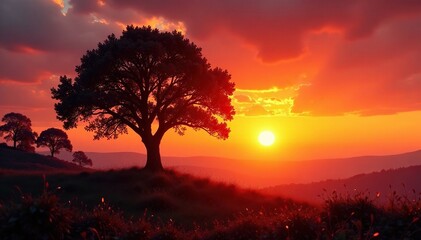 Fototapeta premium Puesta de sol en la calzada con siluetas de ?rboles, puesta de sol, sombra