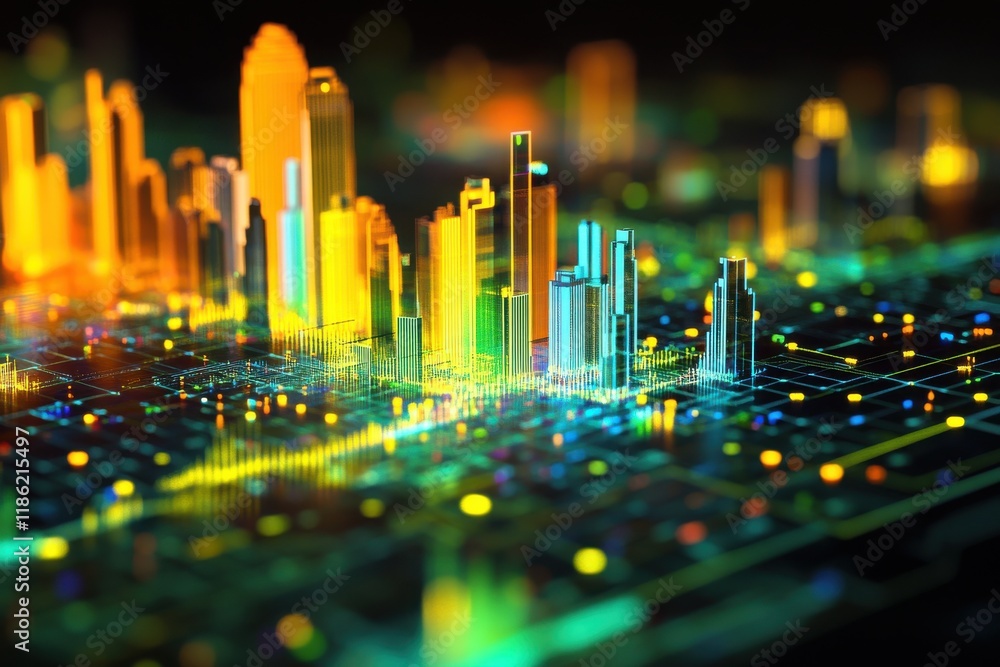 Poster a glowing holographic 3d representation of city data