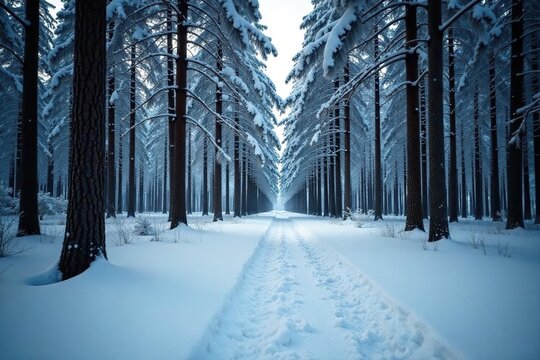 Snowy forest floor with radlader in isolation, solitude, radlader