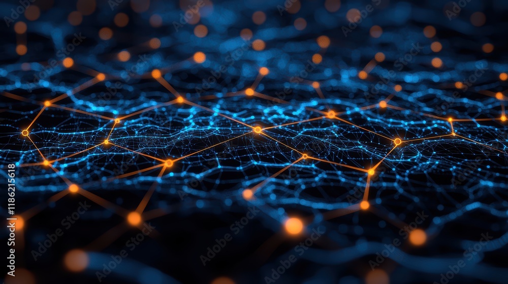 Aufkleber glowing blue neural network pattern with orange nodes in dark environment