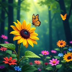 Colorful butterflies flutter around a sunflower in the forest, blue, flowers