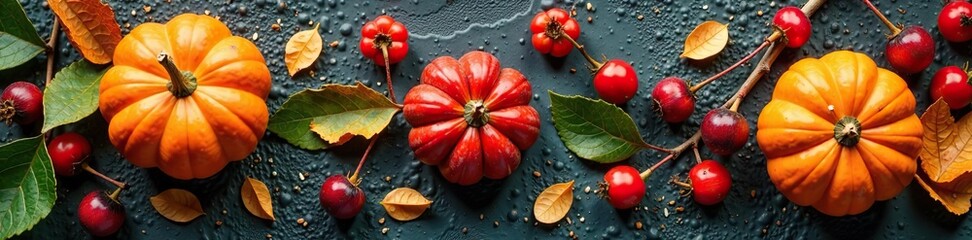 Pumpkin seed and rowan berry arrangement on a stone plate, vines, seeds, seasonal