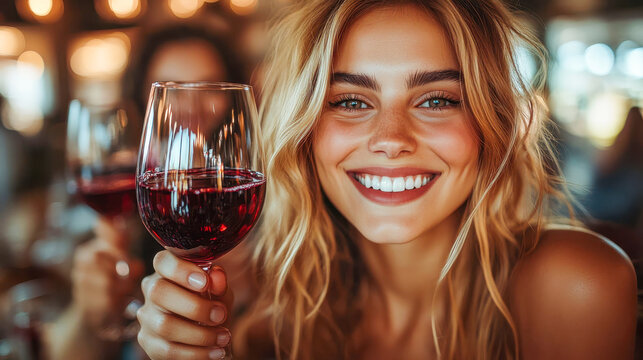 A young woman holds a glass of red wine, smiling in a warmly lit social setting, capturing joy and relaxation