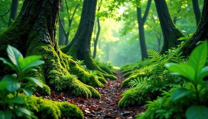 Fototapeta premium Dense foliage of moss and ferns in a shaded area, landscape, foliage