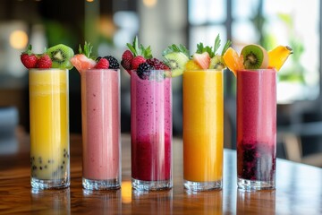 A lineup of five tall glasses of smoothies in various colors
