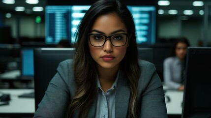 Fototapeta premium Confident hispanic female professional in modern office setting