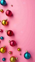 Multicolored Christmas balls scattered on a pastel pink background, colored balls, decorative elements