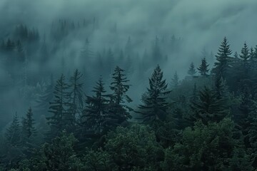 A misty forest landscape shrouded in fog, evoking a sense of mystery and tranquility.