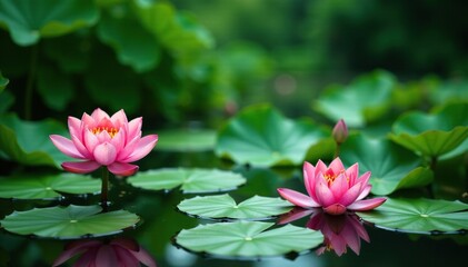 Water lily pond with lush greenery and pink water lilies, green, pond