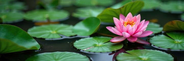Fototapeta premium Water lily and lotus leaves growing on the pond surface, aquatic life plants pond surface, botanicals, aquatic ecosystem