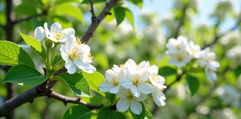 Obraz premium White flowers bloom in clusters at the top of a tree, white flowers, tree foliage, blooming trees