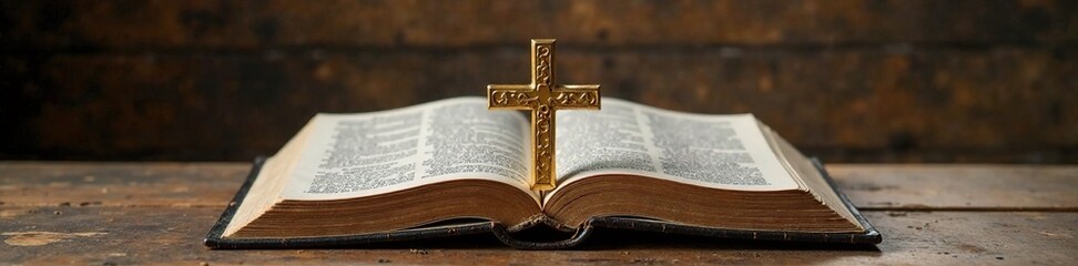 Obraz premium Golden cross with open Bible on wooden beam background, Rustic, Natural, Cross