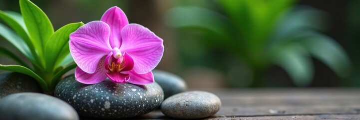 Delicate pink orchid nestled among granite stones, pink orchid, garden decor, nature