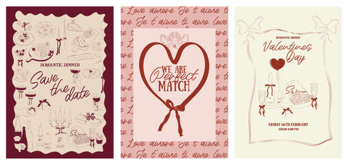 Collection of Romantic posters witn food, drink, candle and romantic elements. Romantic invitation or greeting cards. Valentines Day, Save the date, Wedding illustration. Editable vector illustration.