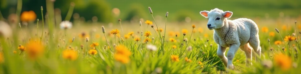 Obraz premium A lamb wanders through tall grass amidst blooming wildflowers, tall, wildflower