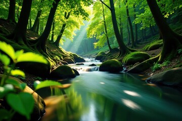 R?o de agua dulce rodeado de plantas de hojas verdes, forest, nature, peaceful