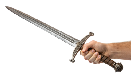 An isolated, old, hand hold a steel sword on a white background, reminiscent of a historical weapon or antique tool