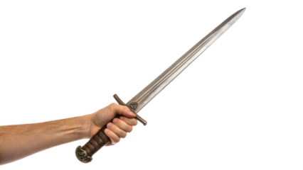 An isolated, old, hand hold a steel sword on a white background, reminiscent of a historical weapon or antique tool