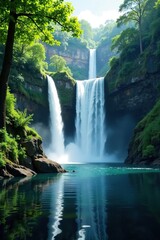 Fototapeta premium Four majestic falls merge into a still pool amidst lush vegetation, nature, foliage