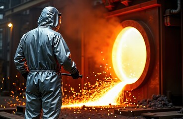 Worker in aluminized suit observes hot molten iron pouring from furnace. Sparks fly. Heavy industrial production in foundry. Molten metal flows from crucible. High heat, intense activity. Steel
