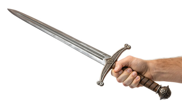 An isolated, old, hand hold a steel sword on a white background, reminiscent of a historical weapon or antique tool