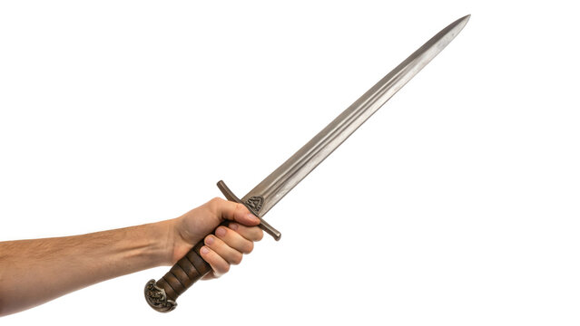 An isolated, old, hand hold a steel sword on a white background, reminiscent of a historical weapon or antique tool