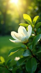 Fototapeta premium Sunlight filters through white magnolia blooms in a lush green garden, filter, magnolia