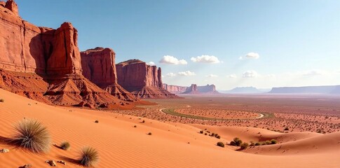 Red sandstone cliffs with jagged tops in a vast open space, red sandstone, rock formations
