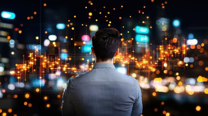 Male analyzing digital financial growth in night cityscape
