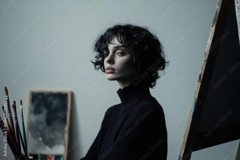 Leinwandbilder creative artistic workspace featuring colorful paint palette and brushes beside a focused artist wit