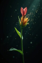 Pollen and dust particles suspended in the air around a blooming plant in a dark environment, pollen, plantlife, air
