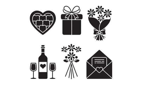 Romantic Gift Silhouette Icons Featuring Hearts, Flowers, and Wine