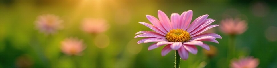 Fototapeta premium Gentle morning dew glistens on a newly opened pink daisy, flower, green