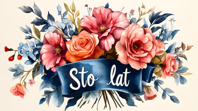 The text "Sto lat," which translates from Polish as "Happy Birthday." A luxurious bouquet and a congratulatory inscription.