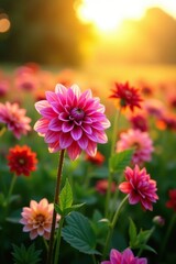 Dahlias in a field with sunlight filtering through, dahlia, petals