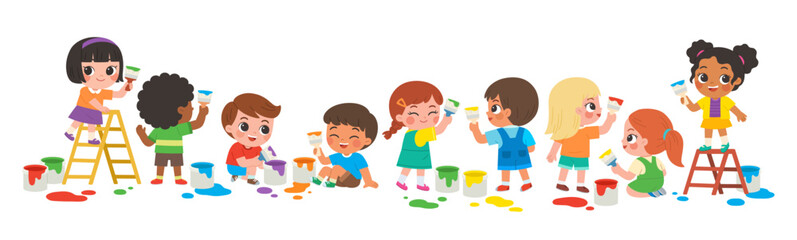 Happy kids painting with brushes and vibrant colors. Some stand on ladders, others sit on the floor, surrounded by splashes of colors. A fun and creative activity full of joy and teamwork.