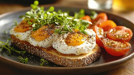 Plate with toast topped with fried eggs, microgreens, and sliced cherry tomatoes. Fresh, healthy breakfast with rustic presentation and vibrant colors perfect for a nutritious morning meal.

