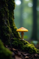 Fototapeta premium A lone bright yellow mushroom on a tree trunk, wild, colors