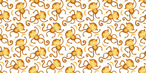Funky monkeys and bananas. Childish background of African jungle animal. Safari Print with baby macaque. Watercolor seamless surface pattern design kid's goods, cards, postcards, fabric,