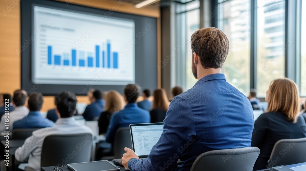 Poster person attending conference presentation with business charts and graphs on large screen in modern m