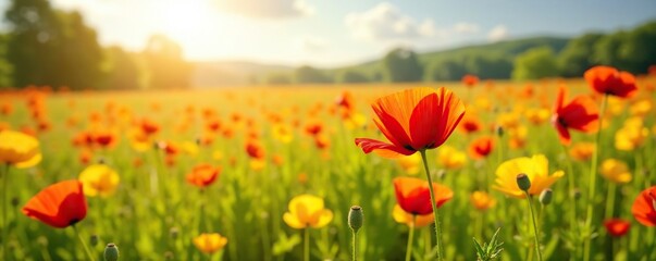 Fototapeta premium Field of tall yellow and red poppy flowers in a sunlit meadow, summer, field, poppies