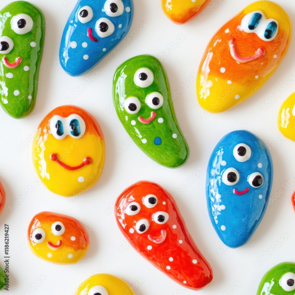 Fototapete bright cheerful microbes with smiles and eyes create a fun, colorful display on a white background i