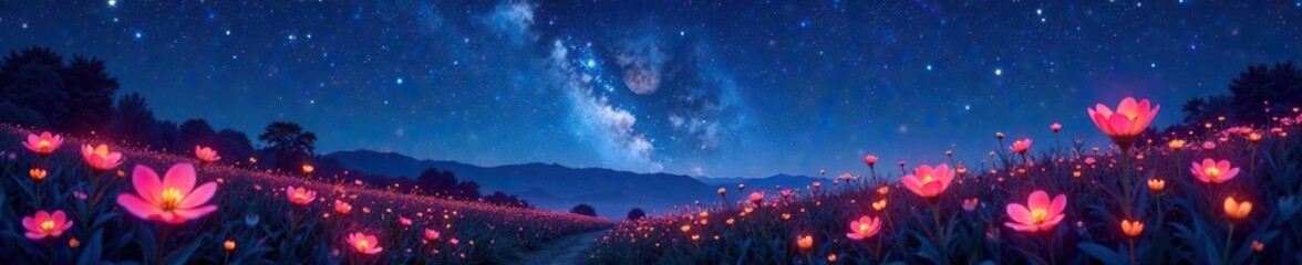Starry night with glowing flowers on the ground, landscape, flowers