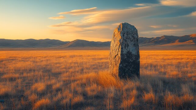 Tall stone monolith in a vast golden grass field at sunrise, under a colorful sky