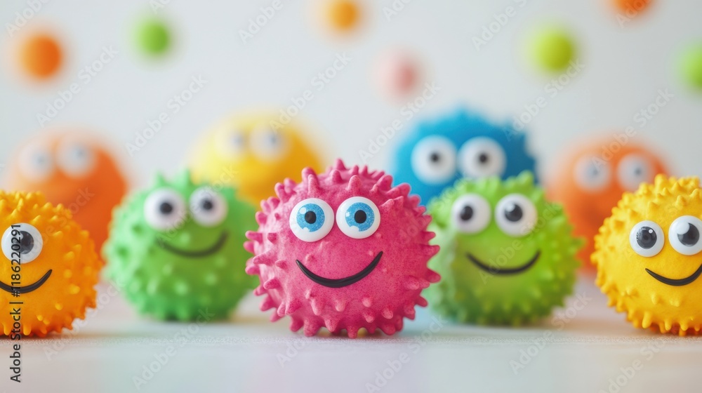 Poster Cheerful and colorful microbes with bright eyes and smiles in a vibrant setting full of joy and playfulness without boundaries. Generative AI